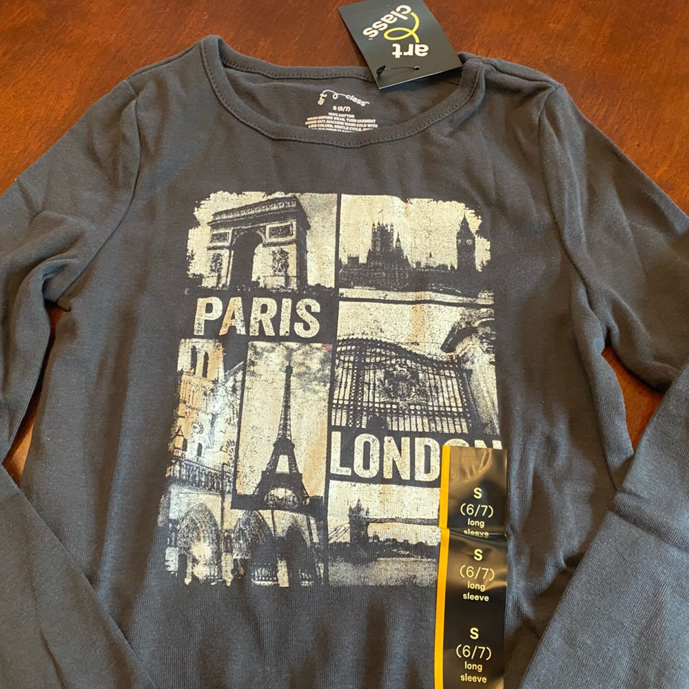art class - Girls Black‎ Long Sleeve Tee with Paris London Print - Small (4-6)